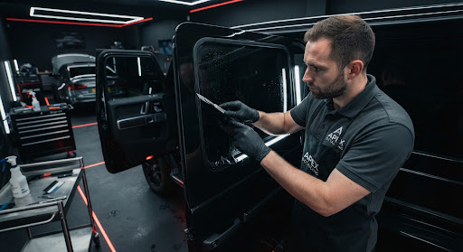 Kỹ thuật viên thi công phim cách nhiệt được bảo hành tại Minh Hằng Auto